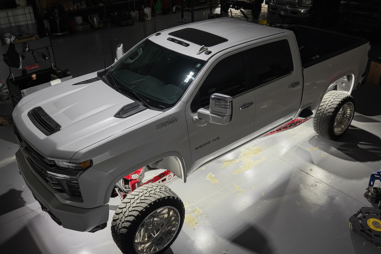 Cleaned Silver Silverado in Shop